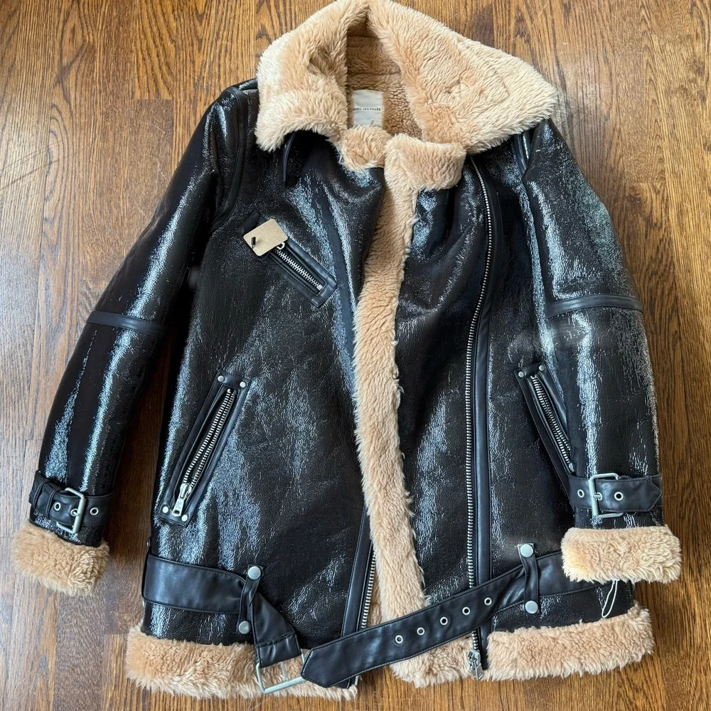 Avec Les Filles Black and Tan Leather Shearling Jacket - Picture 2 of 4